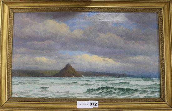 Frederick William Meyer, oil on canvas, Coastal landscape with castle, monogrammed, 30 x 50cm